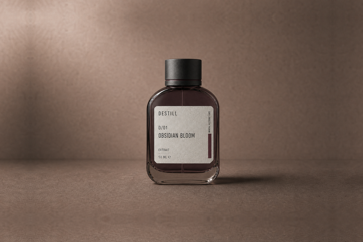 Obsidian Bloom — Extrait de Parfum by DESTILL on a dusty mineral clay background