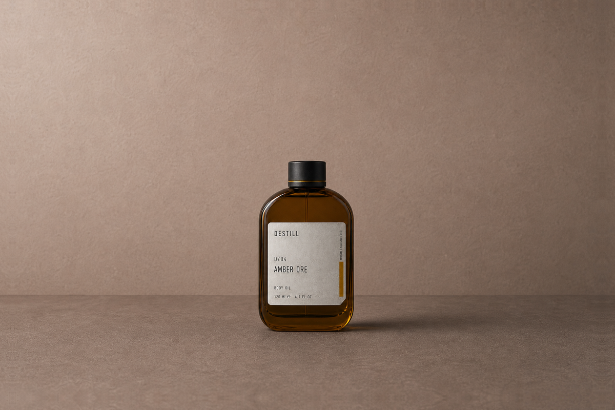 Amber Ore — Body Oil by DESTILL on a dusty mineral clay background