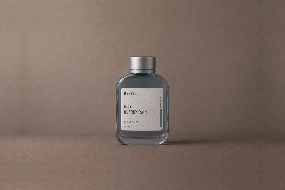 Quarry Rain — Eau de Parfum by DESTILL on a dusty mineral clay background