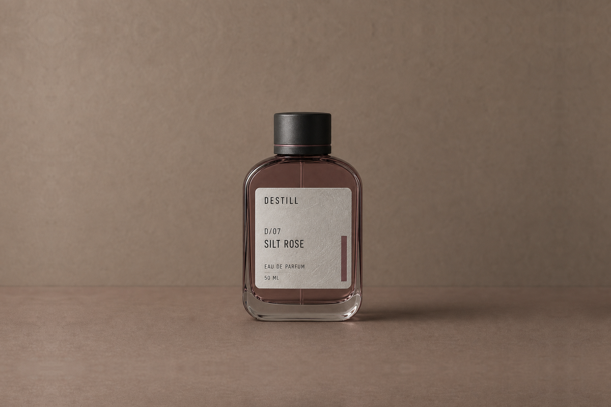 Silt Rose — Eau de Parfum by DESTILL on a dusty mineral clay background