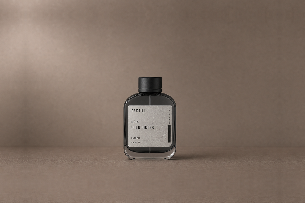 Cold Cinder — Extrait de Parfum by DESTILL on a dusty mineral clay background