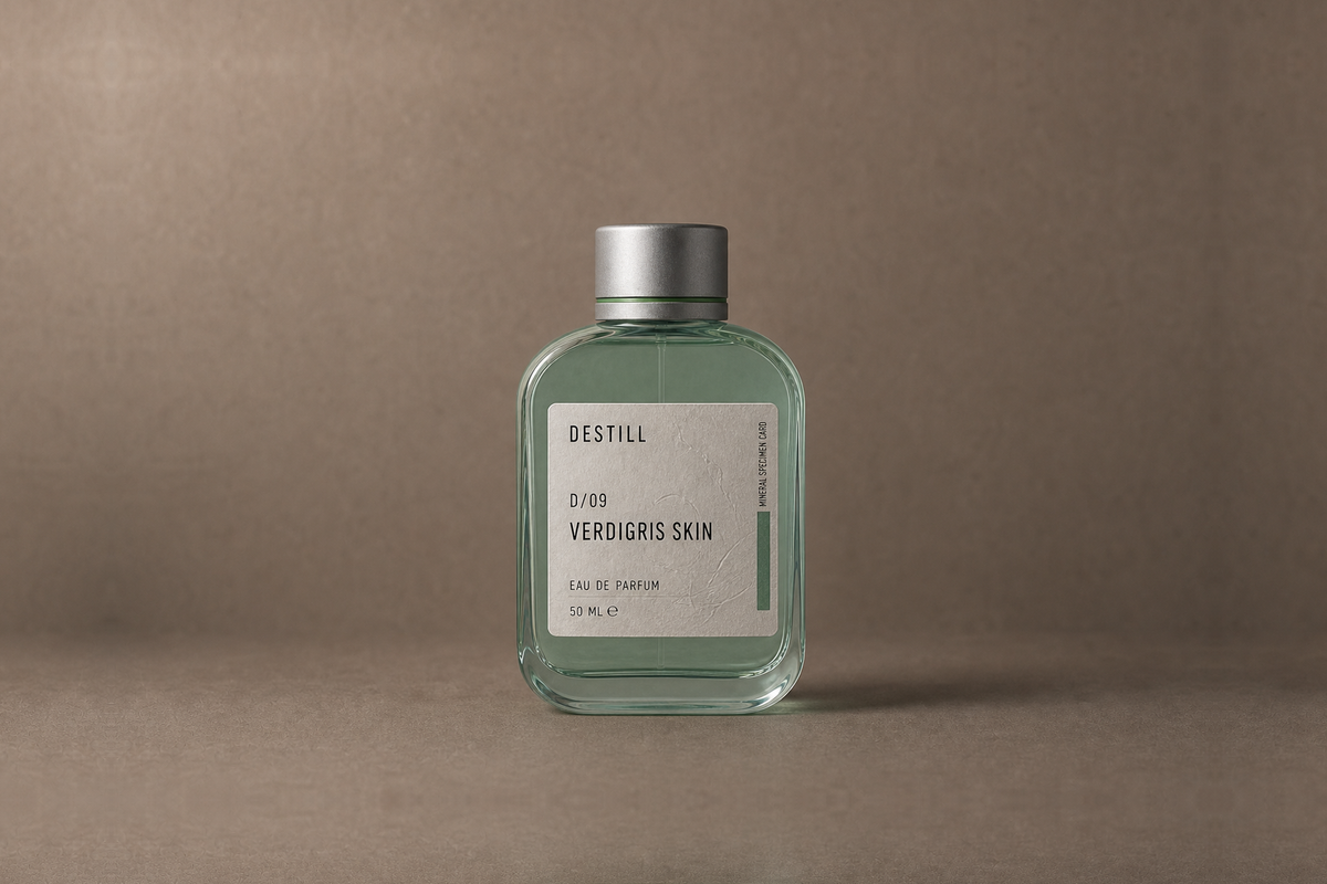 Verdigris Skin — Eau de Parfum by DESTILL on a dusty mineral clay background