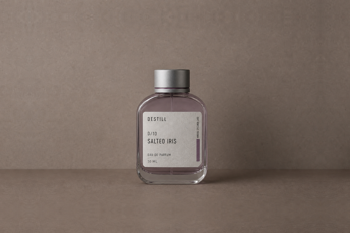 Salted Iris — Eau de Parfum by DESTILL on a dusty mineral clay background