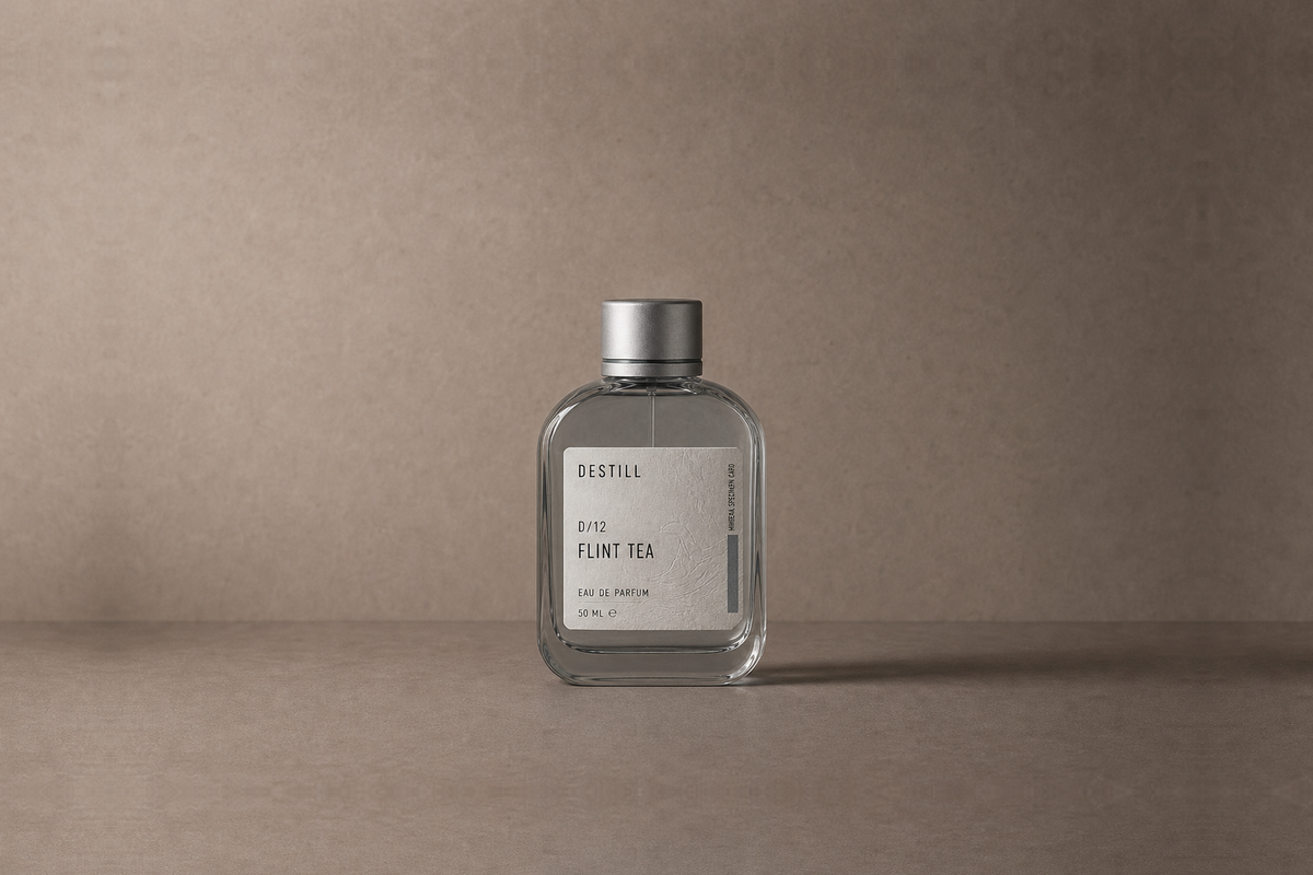 Flint Tea — Eau de Parfum by DESTILL on a dusty mineral clay background