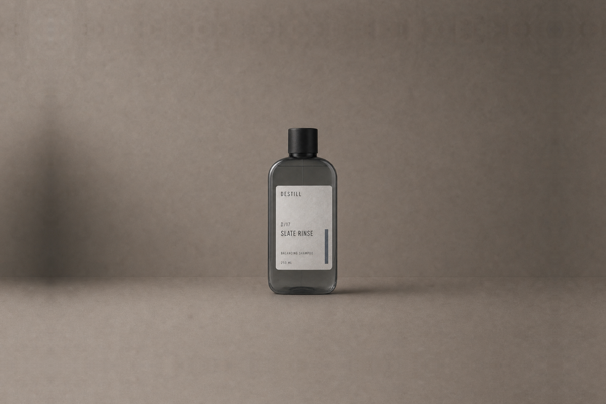 Slate Rinse — Balancing Shampoo by DESTILL on a dusty mineral clay background