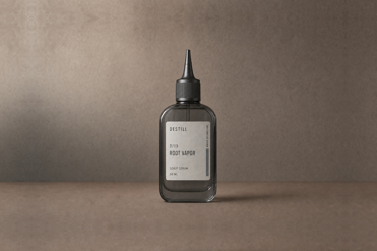 Root Vapor — Scalp Serum by DESTILL on a dusty mineral clay background