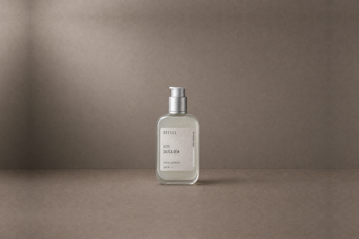 Silica Dew — Facial Cleanser by DESTILL on a dusty mineral clay background