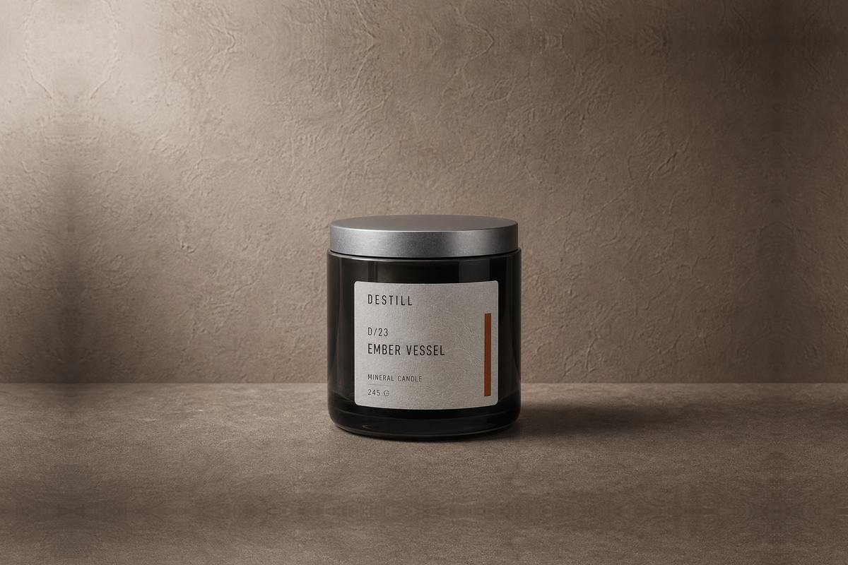 Ember Vessel — Mineral Candle by DESTILL on a dusty mineral clay background