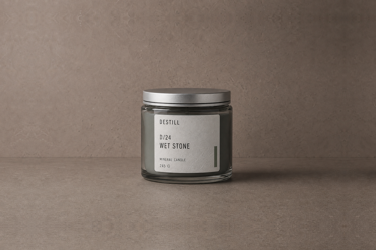Wet Stone — Mineral Candle by DESTILL on a dusty mineral clay background