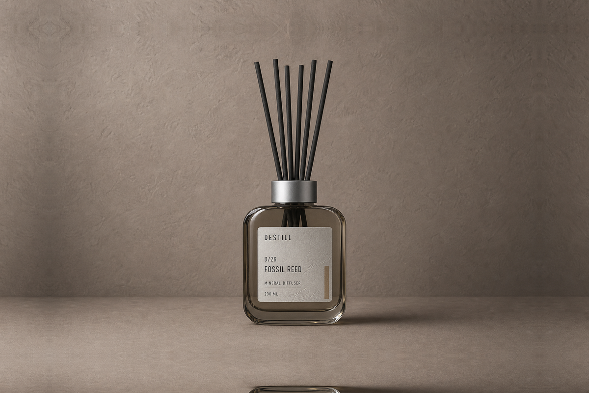 Fossil Reed — Mineral Diffuser by DESTILL on a dusty mineral clay background