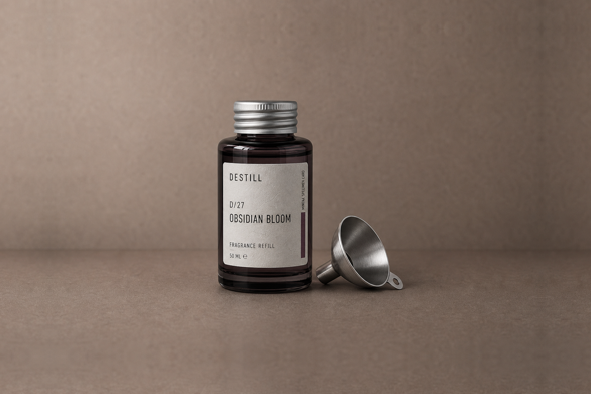 Obsidian Bloom — Fragrance Refill by DESTILL on a dusty mineral clay background