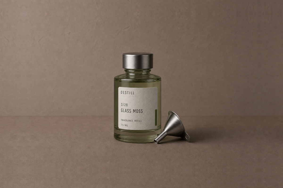 Glass Moss — Fragrance Refill by DESTILL on a dusty mineral clay background