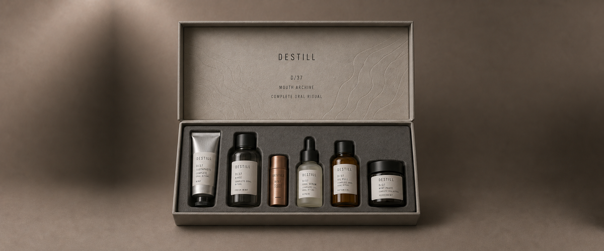 Mouth Archive complete oral ritual set by DESTILL on a warm mineral clay background