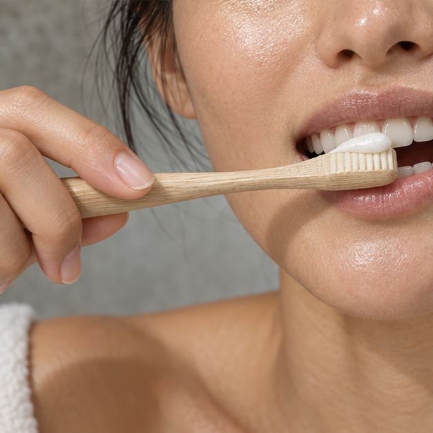 Adult brushing with Limestone Paste enzyme toothpaste