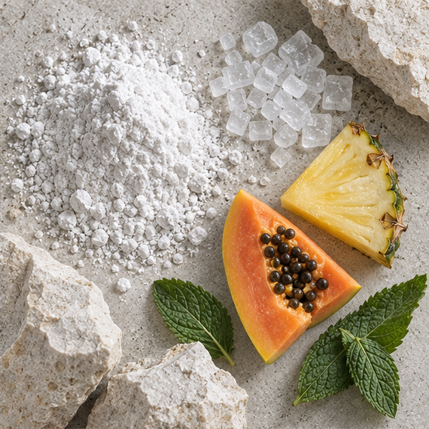 Hydroxyapatite, xylitol, papaya, pineapple and mint on limestone