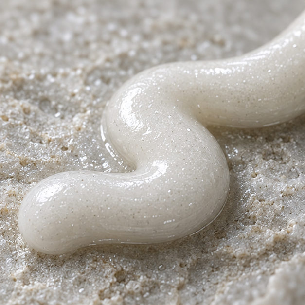 Pearly mineral toothpaste ribbon on limestone