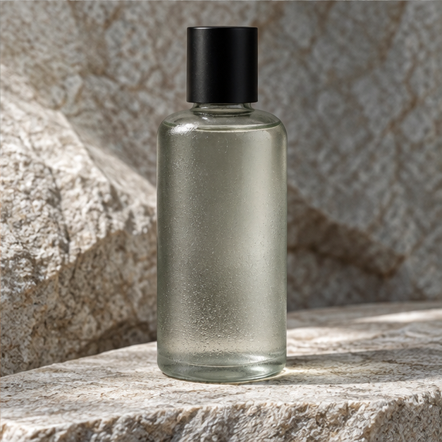 Smoked reusable glass mouth-rinse bottle kept on stone