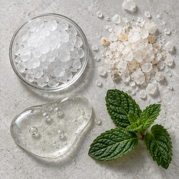 Xylitol, sea minerals, aloe and spearmint on pale stone