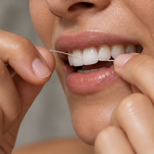 Adult gently guiding ultra-fine flat dental floss between teeth