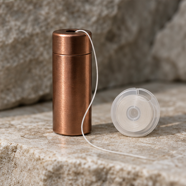 Refillable copper-toned dental-floss dispenser with compact refill cassette