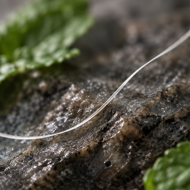 Ultra-fine flat botanical dental floss on dark mineral stone