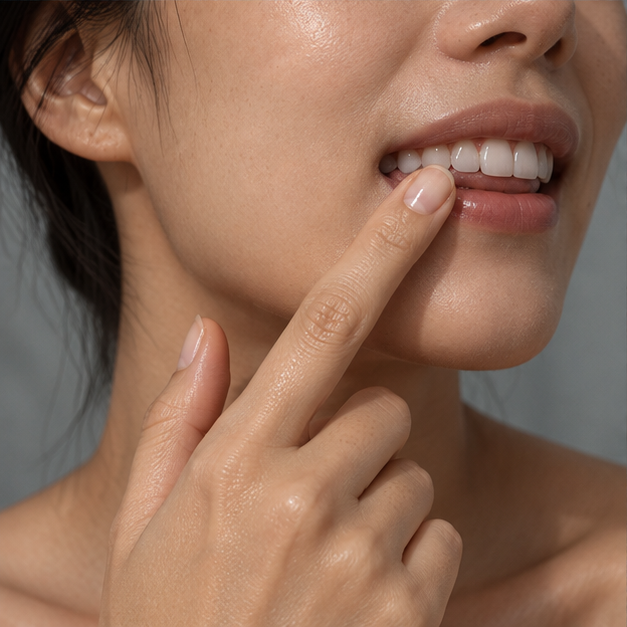 Adult applying Night Mineral oral serum along teeth and gum line