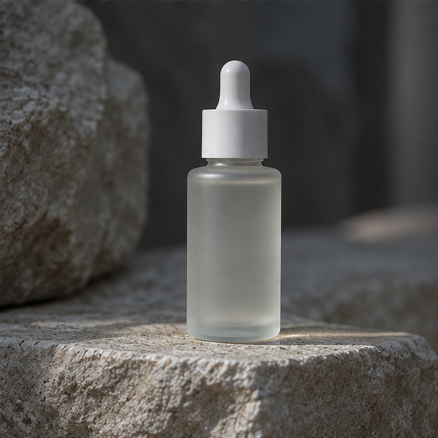 Frosted precision-dropper oral-serum bottle kept closed on stone
