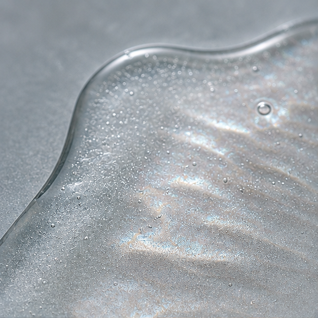 Clear opalescent mineral oral serum on frosted glass