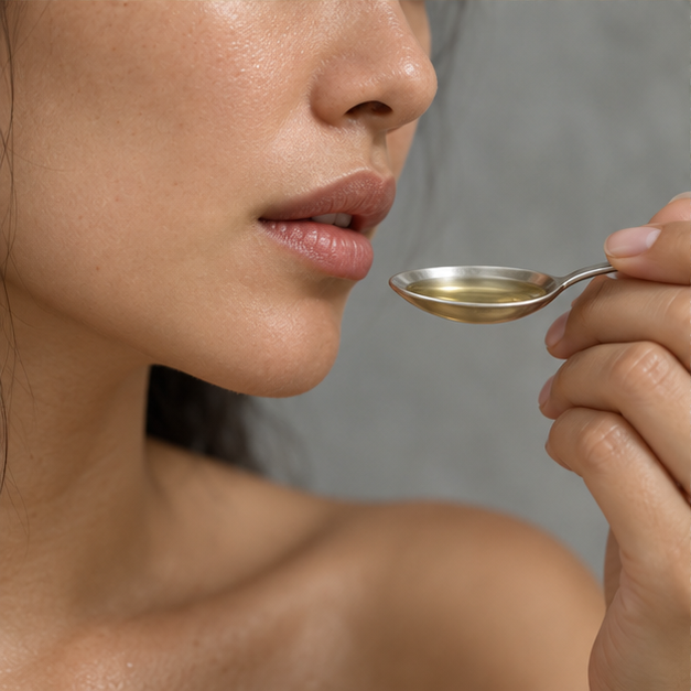 Adult measuring a teaspoon of Pale Clove oil before brushing