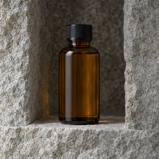 Amber reusable oil-pull bottle kept in a cool stone niche