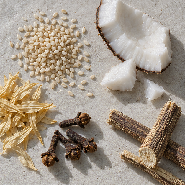 Sesame, coconut, sunflower, clove and licorice root on stone