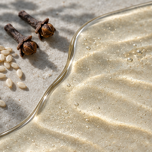 Pale botanical oil with sesame and dry clove notes
