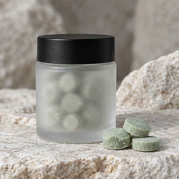 Refillable frosted-glass mouth-mint jar sealed on limestone