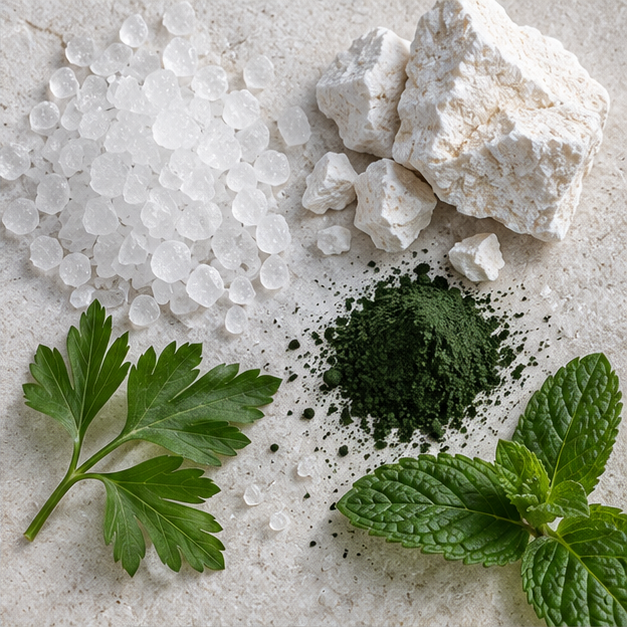 Xylitol, hydroxyapatite, chlorophyll, parsley and peppermint
