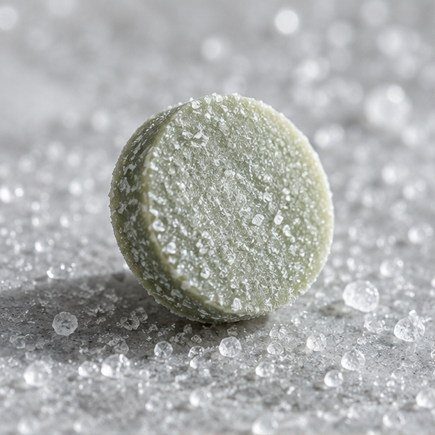 Mineral-green pressed mouth mint with crystalline xylitol