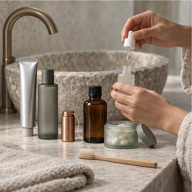 Complete oral-care ritual sequenced beside a stone basin