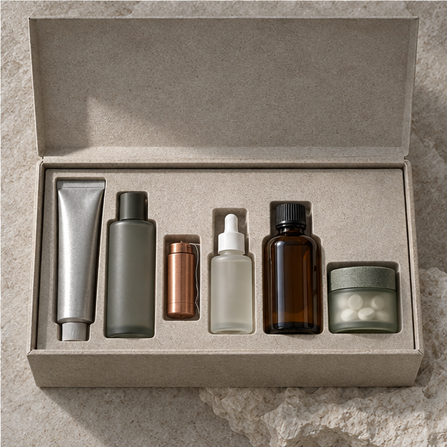 Six-piece oral ritual fitted inside a reusable mineral-board archive case