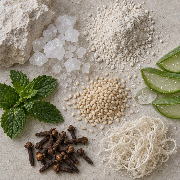 Mineral and botanical oral-care materials arranged as an archive study