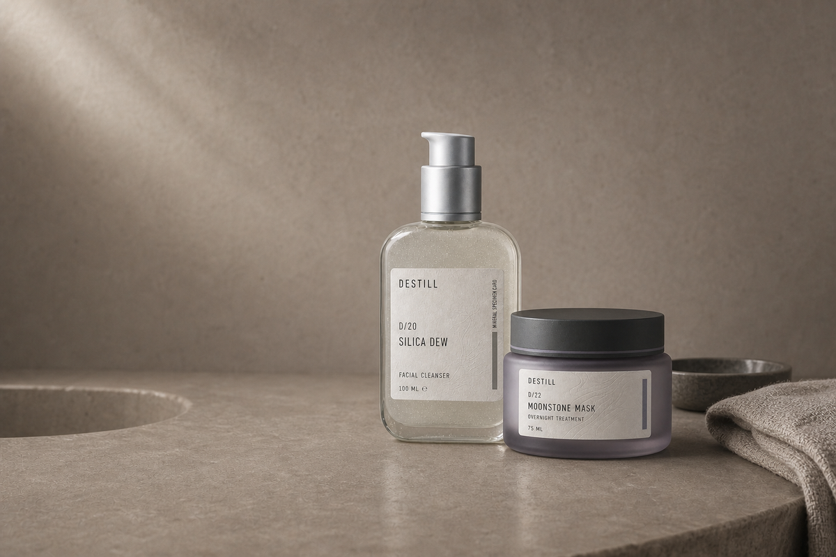 DESTILL Silica Dew facial cleanser and Moonstone Mask overnight treatment bathroom still life