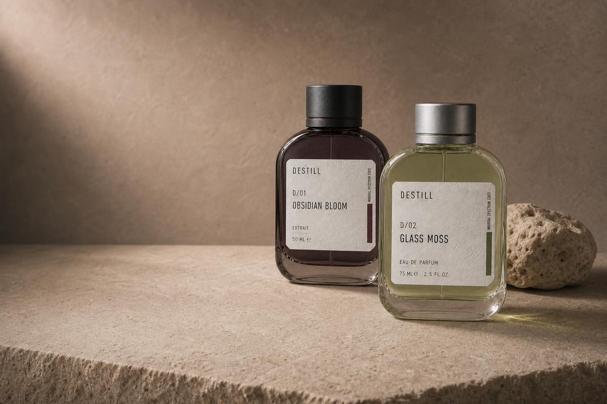 DESTILL Glass Moss Eau de Parfum and Obsidian Bloom Extrait de Parfum editorial still life
