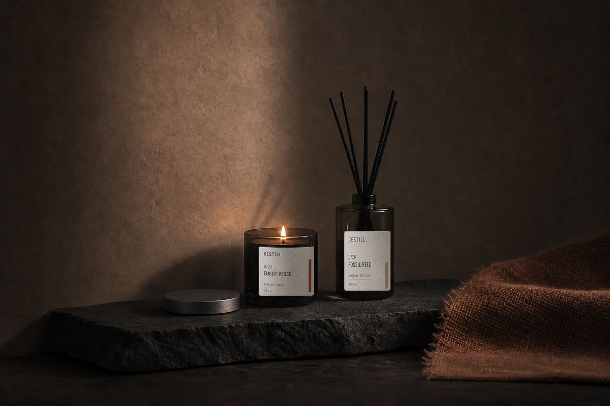 DESTILL candle and diffuser atmosphere with exact master product labels