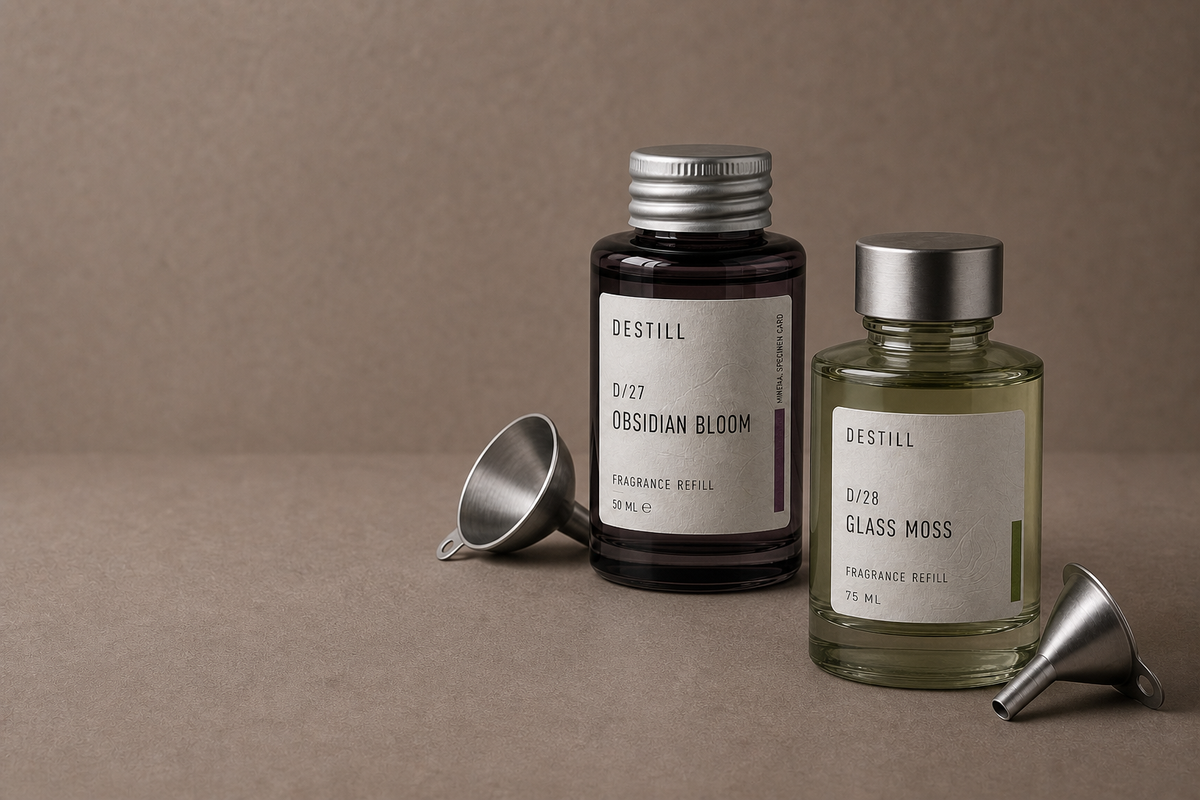 DESTILL Obsidian Bloom and Glass Moss fragrance refill editorial still life