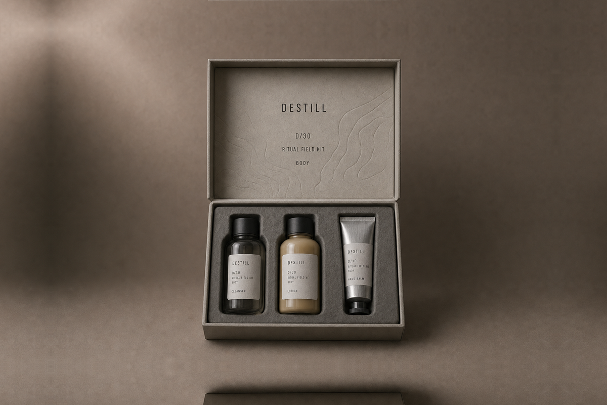 DESTILL Ritual Field Kit with cleanser, body lotion, and hand balm